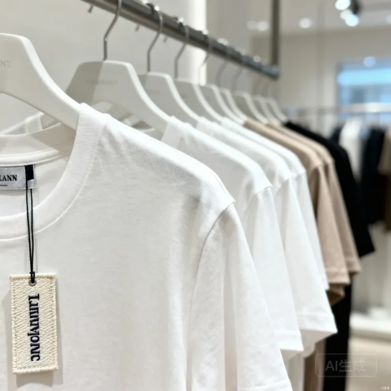Rack of blank t-shirts with one custom branded label in sharp focus