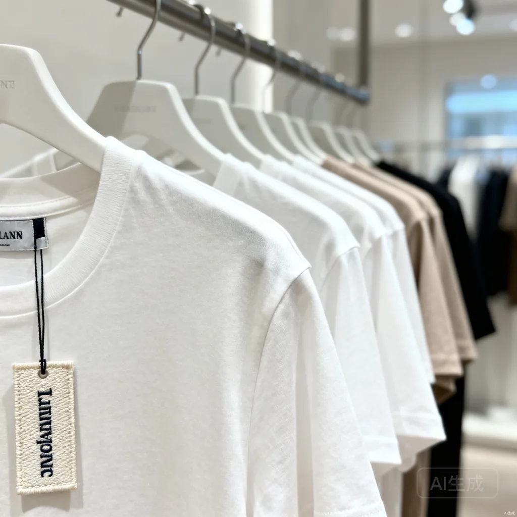Rack of blank t-shirts with one custom branded label in sharp focus