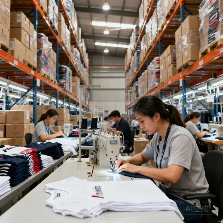 Apparel factory production line in front of warehouse shelving of packed garments