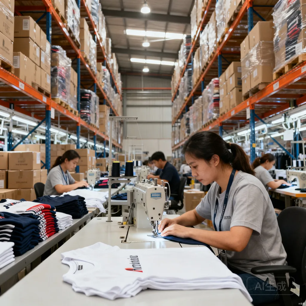 Apparel factory production line in front of warehouse shelving of packed garments