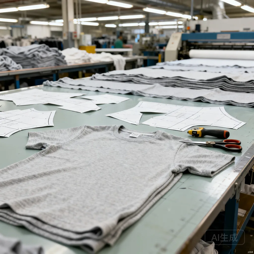 Fabric cutting table with layered fabric and pattern pieces in a t-shirt factory