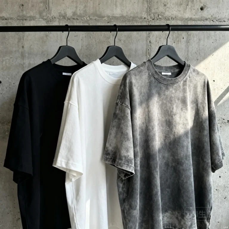 Oversized heavyweight streetwear t-shirts hanging against a concrete wall