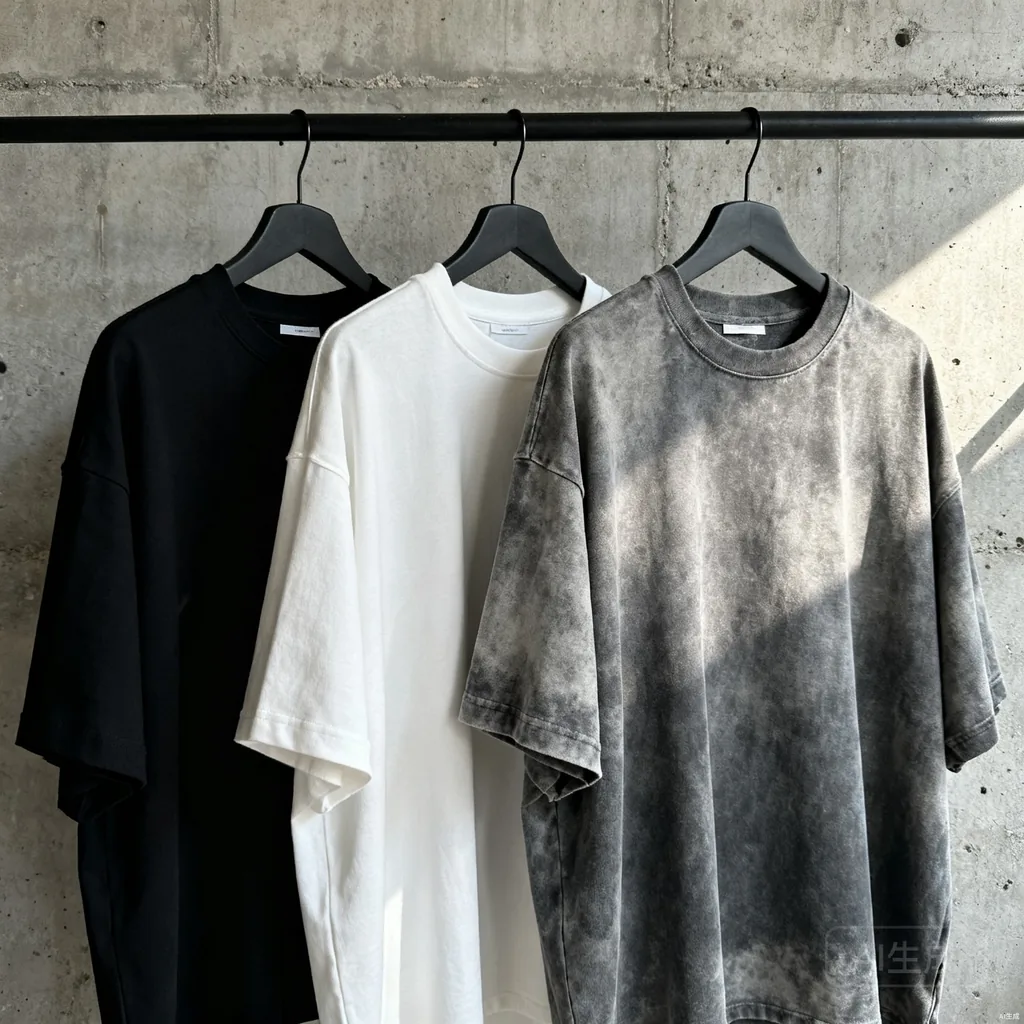 Oversized heavyweight streetwear t-shirts hanging against a concrete wall
