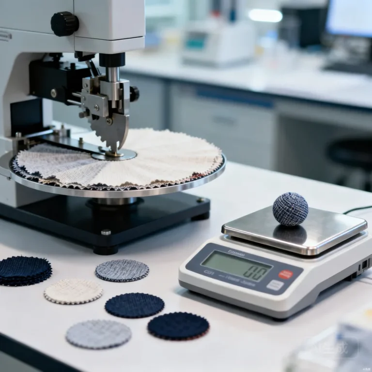 Circular fabric sample cutter and precision scale weighing a fabric swatch for GSM testing