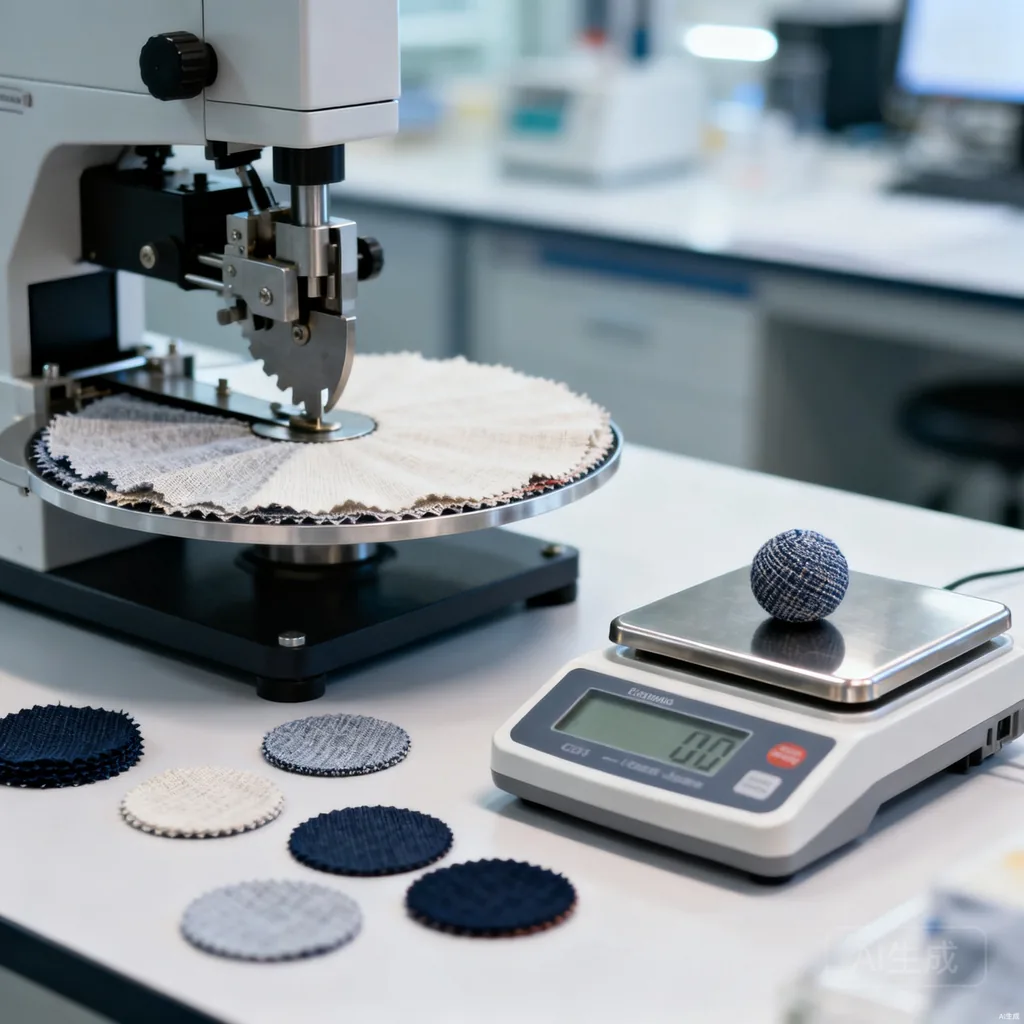 Circular fabric sample cutter and precision scale weighing a fabric swatch for GSM testing