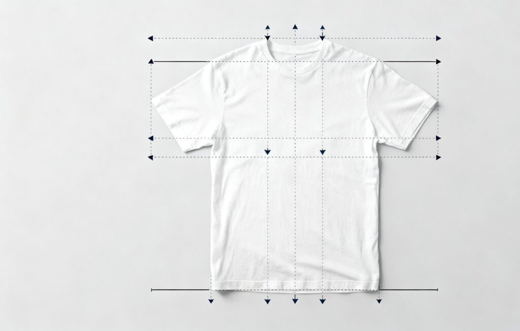 Custom t-shirt size chart with measurement arrows showing chest width, body length, sleeve length and shoulder width on a flat white cotton t-shirt