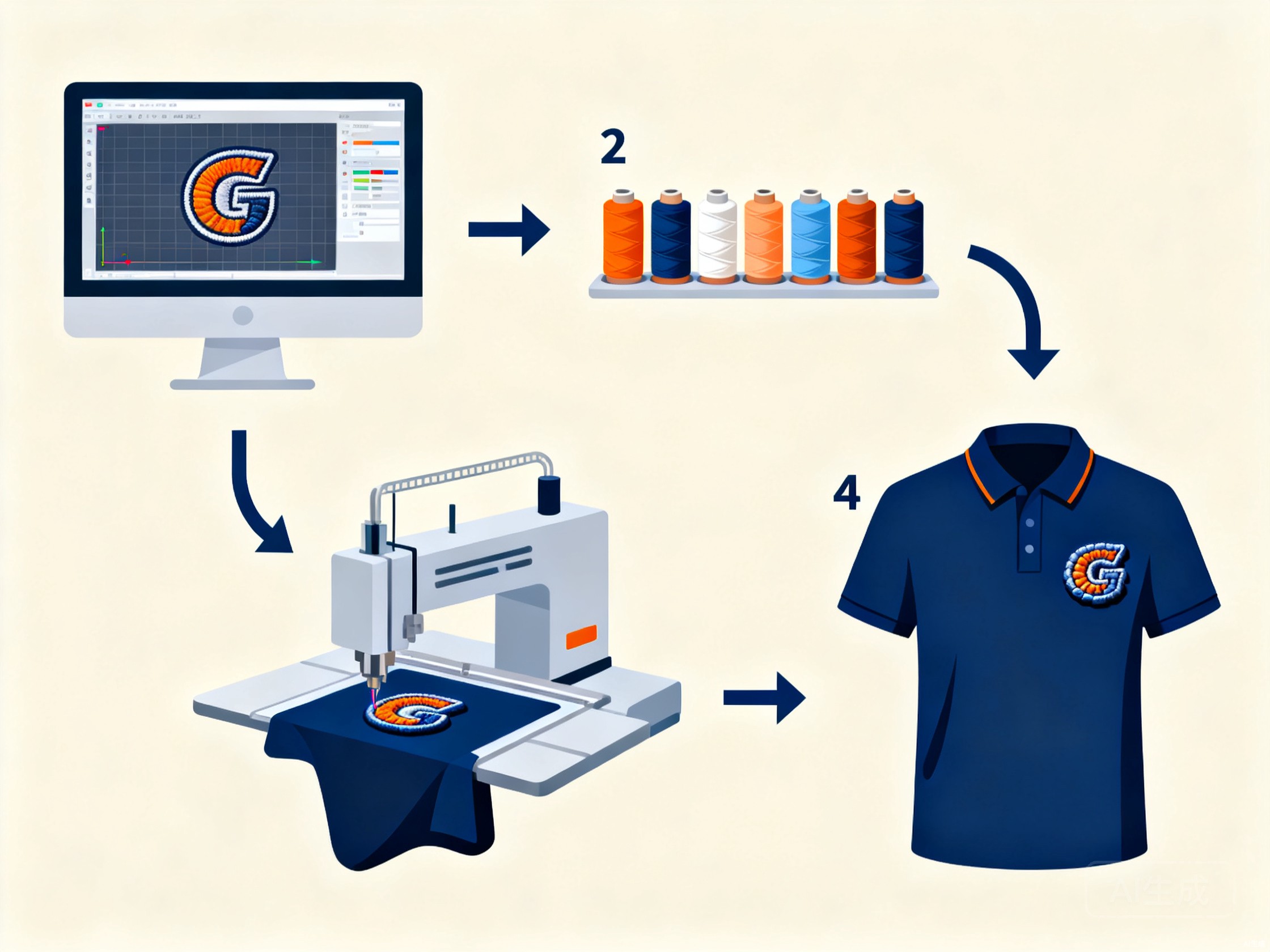 Four-step process diagram of embroidery on a polo shirt: digital logo digitization on monitor, multi-color thread spools, industrial embroidery machine stitching logo onto a navy polo, finished polo with raised 3D textured embroidered logo on the chest.