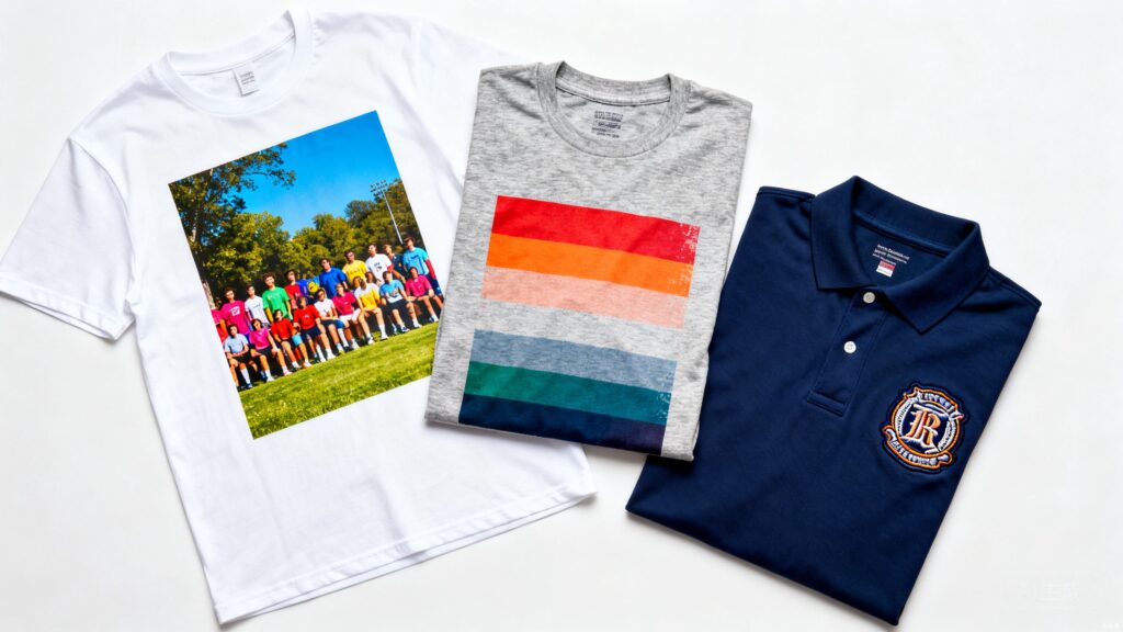Three folded t-shirts laid out side by side on a white background showing three decoration finishes: a white poly-blend t-shirt with a vibrant full-color sublimation print on the left, a heather gray cotton t-shirt with a multi-color screen-printed graphic in the center, and a navy polo with a detailed embroidered logo on the right.
