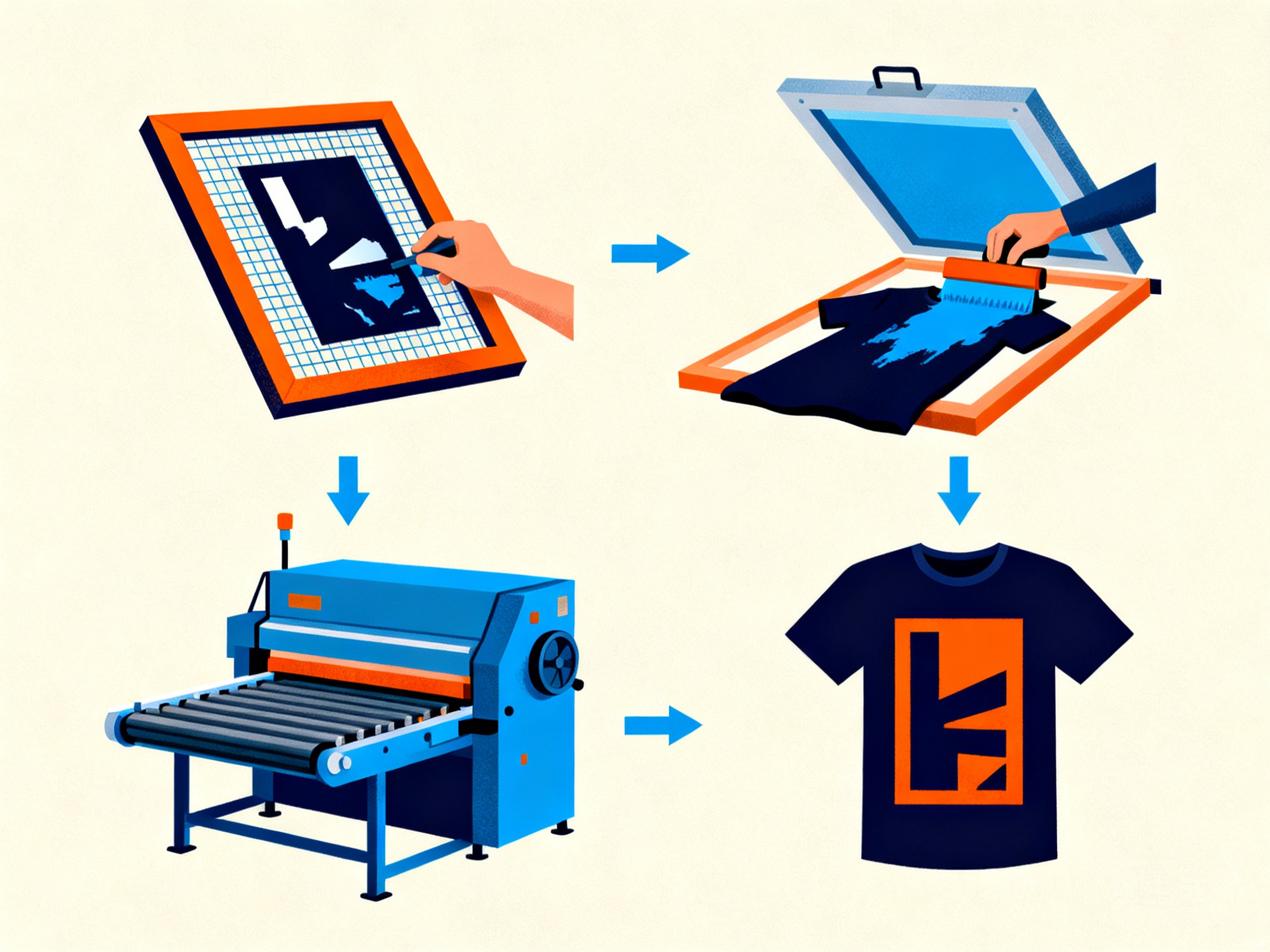 Four-step process diagram of screen printing on a t-shirt: mesh screen being prepared with stencil, ink being pushed through screen with a squeegee onto a dark cotton t-shirt, ink being heat-cured on a conveyor dryer, finished screen-printed t-shirt with bold graphic.