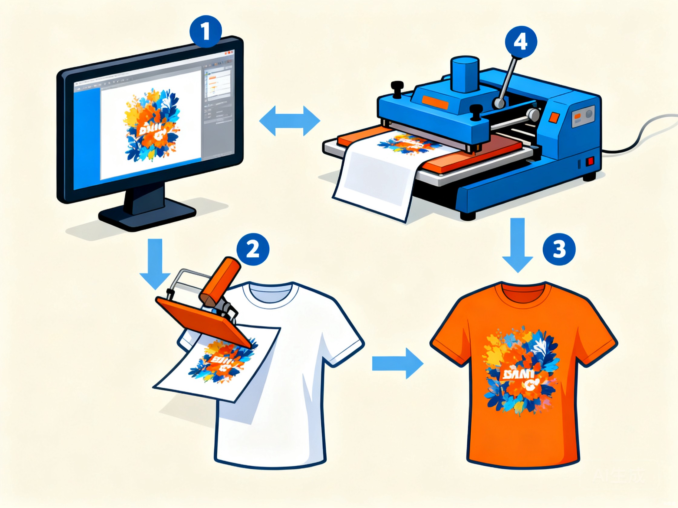 Four-step process diagram of sublimation printing on a t-shirt: digital design on screen, sublimation paper being printed, heat press transferring dye onto a white polyester t-shirt, finished garment with vibrant photo-realistic print.