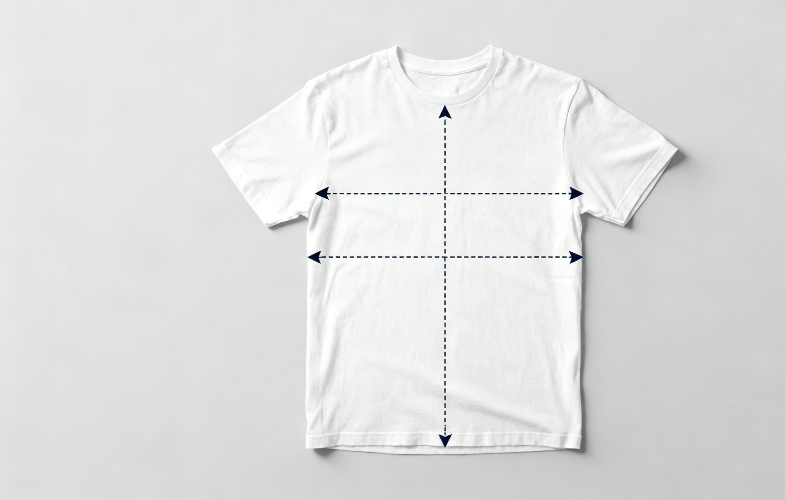T-shirt measurement diagram with arrows indicating chest width, body length, sleeve length and shoulder width on a flat white cotton t-shirt